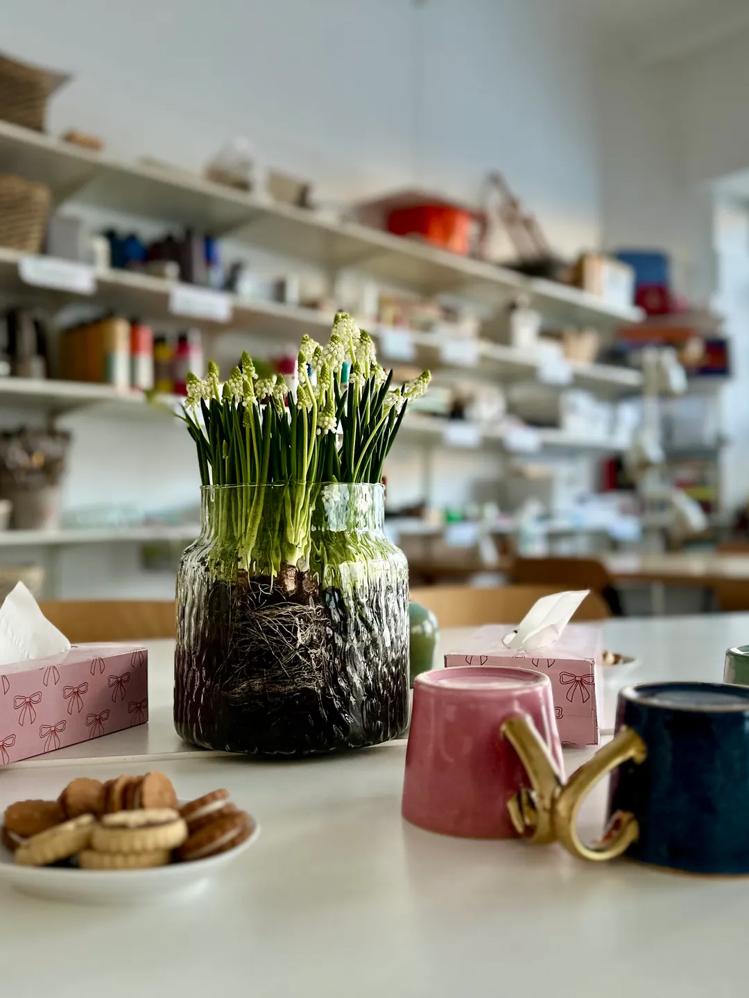 Der gemeinsame Tisch mit Tassen, Gebäck und einer Vase mit Frühlingsblumen, dahinter Regale und ein Fenster zur Straße